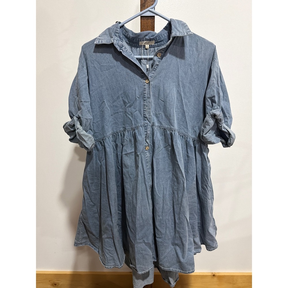 Easel Los Angeles Blue Chambray Tiered Babydoll Tunic Dress Pockets M Lagenlook